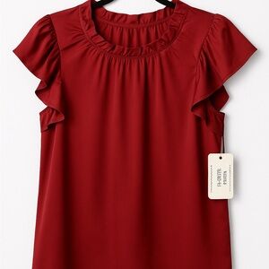 Chic Ruffle Sleeve Blouse in Deep Red